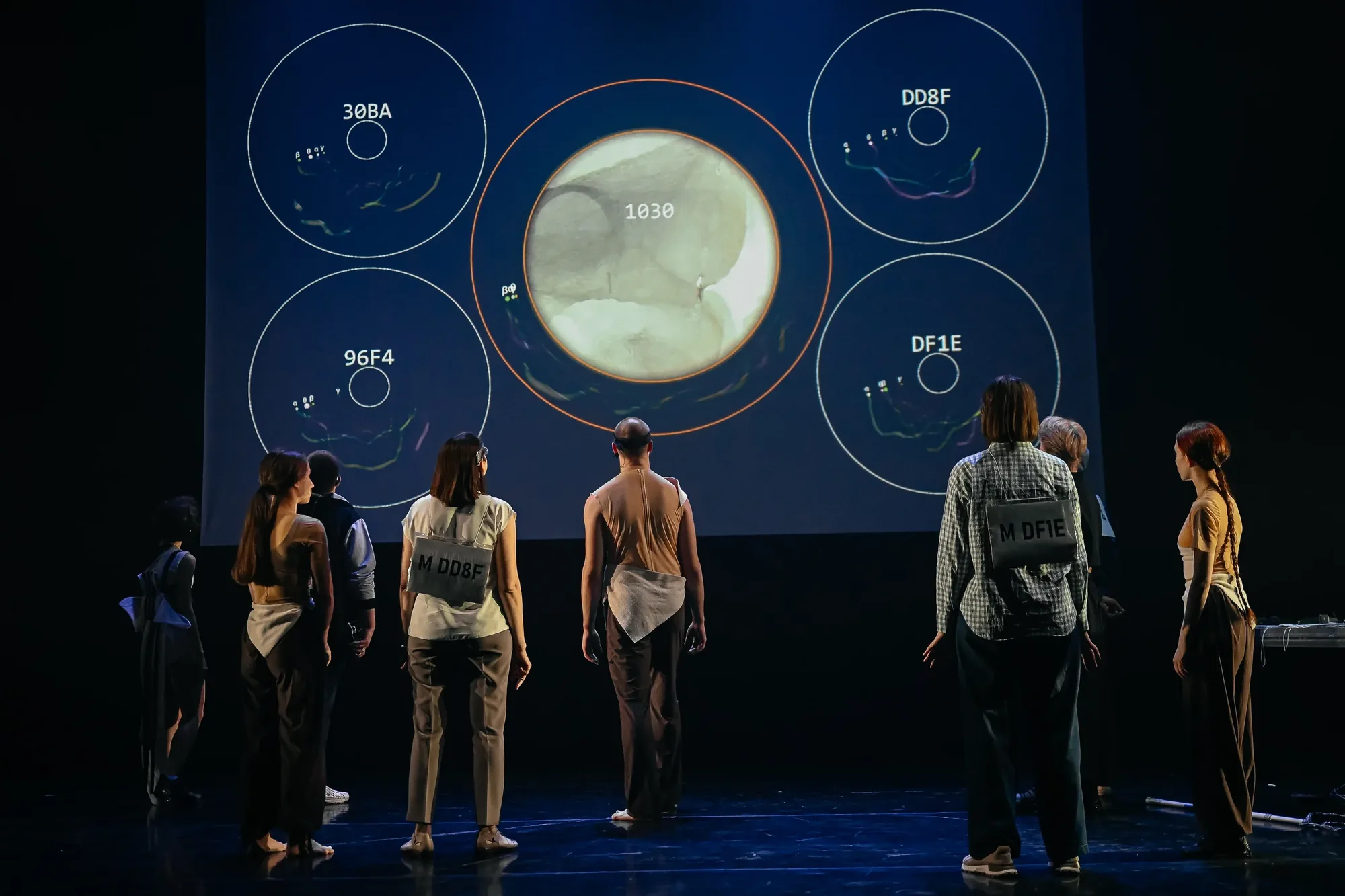 Dancers standing in front of several projected circular diagrams.